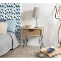 MACABANE Tables De Chevet Chevet 1 Tiroir En Bois Naturel Pieds épingles En Métal Noir -Tables De Chevet Soldes chevet 1 tiroir en bois naturel pieds epingles en metal noir 1