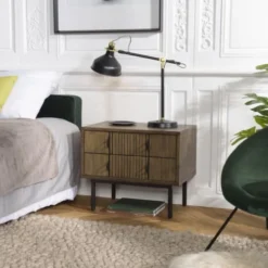 MACABANE Tables De Chevet Chevet 2 Tiroirs Acacia Pieds Métal Noir -Tables De Chevet Soldes chevet 2 tiroirs acacia pieds metal noir 1