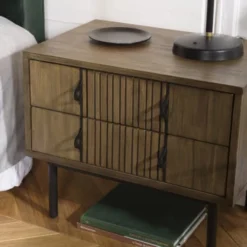 MACABANE Tables De Chevet Chevet 2 Tiroirs Acacia Pieds Métal Noir -Tables De Chevet Soldes chevet 2 tiroirs acacia pieds metal noir 2