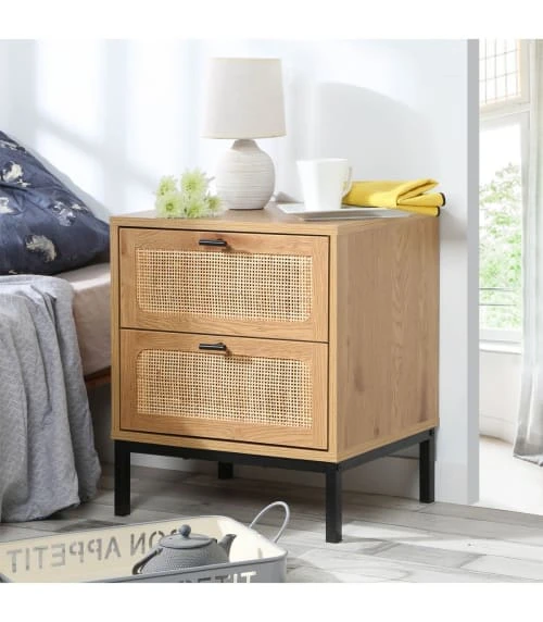 Casâme Tables De Chevet Chevet 2 Tiroirs Aspect Chêne Avec Cannage Rotin - H51cm 4 Casâme Tables De Chevet Chevet 2 Tiroirs Aspect Chêne Avec Cannage Rotin - H51cm – Image 2