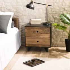 MACABANE Tables De Chevet Chevet 2 Tiroirs En Pin Recyclé Naturel Et Noir -Tables De Chevet Soldes chevet 2 tiroirs en pin recycle naturel et noir 3