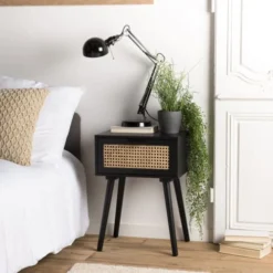 MACABANE Tables De Chevet Chevet En Bois 1 Tiroir Cannage Noir -Tables De Chevet Soldes chevet en bois 1 tiroir cannage noir 1