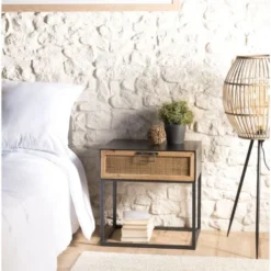 MACABANE Tables De Chevet Chevet En Métal Noir 1 Tiroir Cannage Couleur Naturelle -Tables De Chevet Soldes chevet en metal noir 1 tiroir cannage couleur naturelle 1