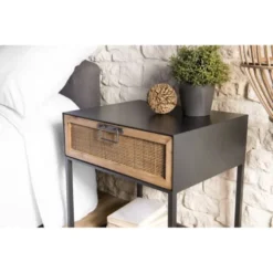 MACABANE Tables De Chevet Chevet En Métal Noir 1 Tiroir Cannage Couleur Naturelle -Tables De Chevet Soldes chevet en metal noir 1 tiroir cannage couleur naturelle 2