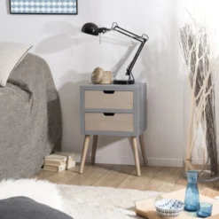 MACABANE Tables De Chevet Chevet En Pin Gris 2 Tiroirs Beige -Tables De Chevet Soldes chevet en pin gris 2 tiroirs beige 1