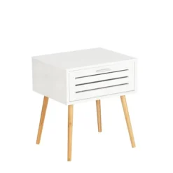 Toilinux Lot De 2 Tables De Chevet Avec 1 Tiroir En Bambou Et Mdf Blanc -Tables De Chevet Soldes lot de 2 tables de chevet avec 1 tiroir en bambou et mdf blanc 4