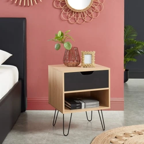 Baita Lot De 2 Tables De Chevet Noir Et Effet Chêne 1 Tiroir 4 Baita Lot De 2 Tables De Chevet Noir Et Effet Chêne 1 Tiroir – Image 2