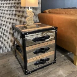 Now’s Home Tables De Chevet Meuble D'appoint 3 Tiroirs En Acier Inoxydable Et Cuir -Tables De Chevet Soldes meuble d appoint 3 tiroirs en acier inoxydable et cuir 2