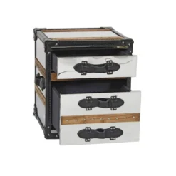 Now’s Home Tables De Chevet Meuble D'appoint 3 Tiroirs En Acier Inoxydable Et Cuir -Tables De Chevet Soldes meuble d appoint 3 tiroirs en acier inoxydable et cuir 4