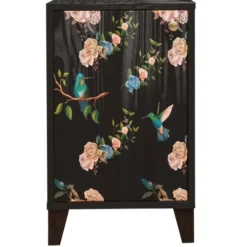 RNT By Really Nice Things Tables De Chevet Table De Bois Pin Massif Imprimé Florale Sur Fond Noir Colibri