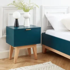 ELLE Décoration Tables De Chevet Table De Chevet 1 Tiroir - Laqué Bleu Canard -Tables De Chevet Soldes table de chevet 1 tiroir laque bleu canard 2