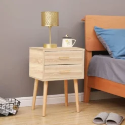 Toilinux Tables De Chevet Table De Chevet 2 Tiroirs 45x35x60cm Marron -Tables De Chevet Soldes table de chevet 2 tiroirs 45x35x60cm marron 2