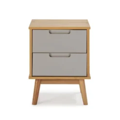 HOMN Tables De Chevet Table De Chevet 2 Tiroirs Couleur Bois Et Gris, Bois Massif -Tables De Chevet Soldes table de chevet 2 tiroirs couleur bois et gris bois massif 3