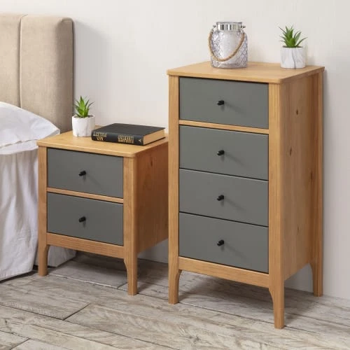 HOMN Tables De Chevet Table De Chevet 2 Tiroirs Couleur Bois Et Gris, Bois Massif 4 HOMN Tables De Chevet Table De Chevet 2 Tiroirs Couleur Bois Et Gris, Bois Massif – Image 2