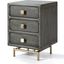 Thai Natura Tables De Chevet Table De Chevet 3 Tiroirs En Bois Cérusé Gris Et Doré
