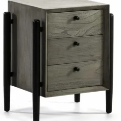 Thai Natura Tables De Chevet Table De Chevet 3 Tiroirs En Bois Teinté Gris Et Doré