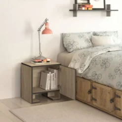 Toilinux Tables De Chevet Table De Chevet Avec 1 Porte Effet Bois Anthracite -Tables De Chevet Soldes table de chevet avec 1 porte effet bois anthracite 3