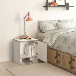 Toilinux Tables De Chevet Table De Chevet Avec 1 Porte Effet Bois Blanc -Tables De Chevet Soldes table de chevet avec 1 porte effet bois blanc 4