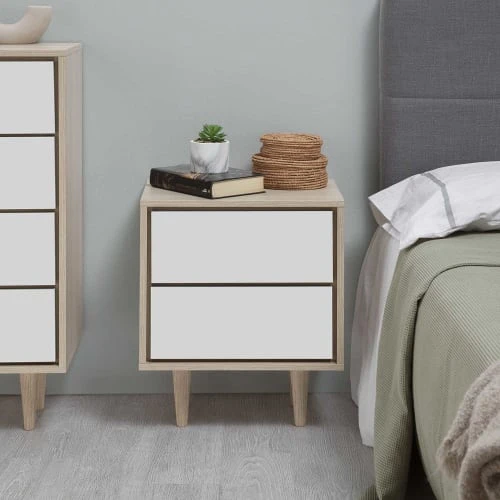 HOMN Tables De Chevet Table De Chevet Avec 2 Tiroirs Couleur Chêne/blanc 4 HOMN Tables De Chevet Table De Chevet Avec 2 Tiroirs Couleur Chêne/blanc – Image 2