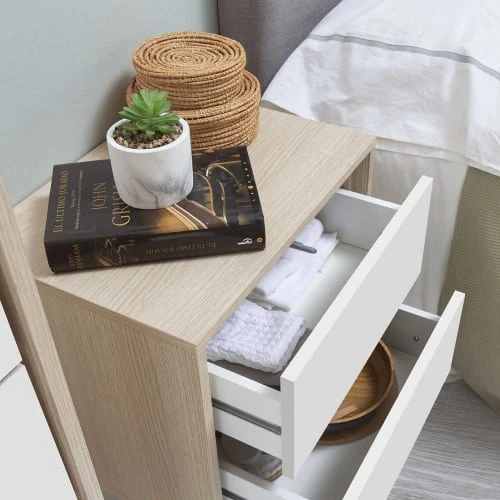 HOMN Tables De Chevet Table De Chevet Avec 2 Tiroirs Couleur Chêne/blanc 7 HOMN Tables De Chevet Table De Chevet Avec 2 Tiroirs Couleur Chêne/blanc – Image 5