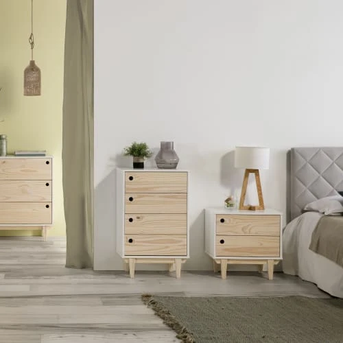 HOMN Tables De Chevet Table De Chevet Avec 2 Tiroirs En Couleur Blanc, Pieds Bois Naturel 4 HOMN Tables De Chevet Table De Chevet Avec 2 Tiroirs En Couleur Blanc, Pieds Bois Naturel – Image 2