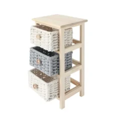 Mobili Rebecca Tables De Chevet Table De Chevet Avec 3 Tiroirs En Bois De Pin, Coton Gris Et Beige -Tables De Chevet Soldes table de chevet avec 3 tiroirs en bois de pin coton gris et beige 3