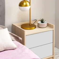 HOMN Tables De Chevet Table De Chevet De 2 Tiroirs, Couleur Chêne/blanc -Tables De Chevet Soldes table de chevet de 2 tiroirs couleur chene blanc 5