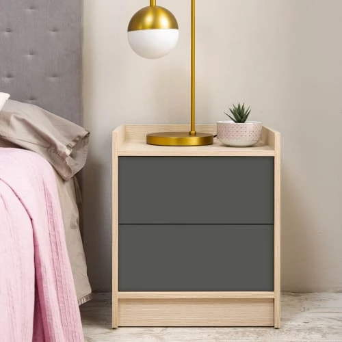 HOMN Tables De Chevet Table De Chevet De 2 Tiroirs, Couleur Chêne/gris 4 HOMN Tables De Chevet Table De Chevet De 2 Tiroirs, Couleur Chêne/gris – Image 2