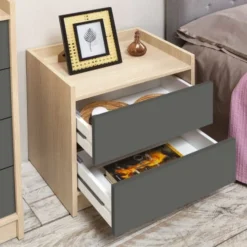 HOMN Tables De Chevet Table De Chevet De 2 Tiroirs, Couleur Chêne/gris 11 HOMN Tables De Chevet Table De Chevet De 2 Tiroirs, Couleur Chêne/gris -Tables De Chevet Soldes table de chevet de 2 tiroirs couleur chene gris 3