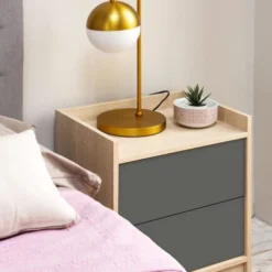 HOMN Tables De Chevet Table De Chevet De 2 Tiroirs, Couleur Chêne/gris 13 HOMN Tables De Chevet Table De Chevet De 2 Tiroirs, Couleur Chêne/gris -Tables De Chevet Soldes table de chevet de 2 tiroirs couleur chene gris 5